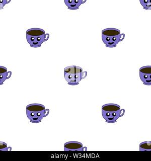 Seamless pattern with cup emoticons on white background. Kawaii doodle cups character with cute anime expressions. Vector illustration for design, web Stock Vector