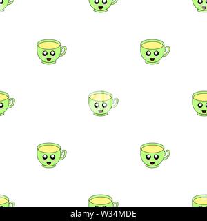 Seamless pattern with cup emoticons on white background. Kawaii doodle cups character with cute anime expressions. Vector illustration for design, web Stock Vector