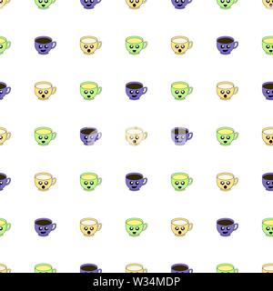 Seamless pattern with cup emoticons on white background. Kawaii doodle cups character with cute anime expressions. Vector illustration for design, web Stock Vector