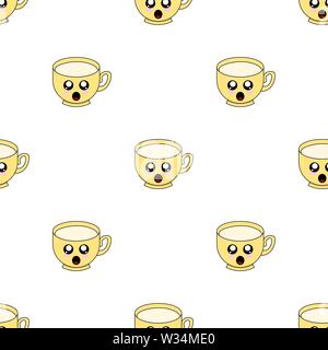 Seamless pattern with cup emoticons on white background. Kawaii doodle cups character with cute anime expressions. Vector illustration for design, web Stock Vector
