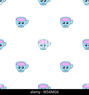 Seamless pattern with cup emoticons on white background. Kawaii doodle cups character with cute anime expressions. Vector illustration for design, web Stock Vector