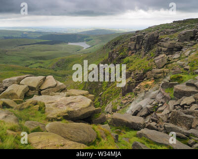 Kinder Downfall overlooking reservoir with wind blowing waterfall into the air, Peak District, UK Stock Photo