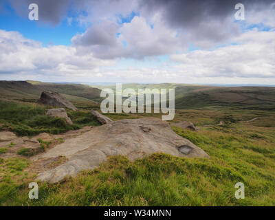 Overlooking the Edale valley on the Kinder plateau on the Pennine Way, Peak District, UK Stock Photo