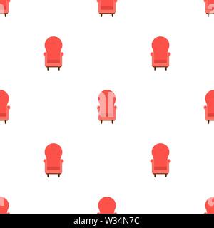 Seamless pattern with vintage cozy red armchair on white background. Interior of the living room. Vector illustration for design, web, wrapping paper, Stock Vector