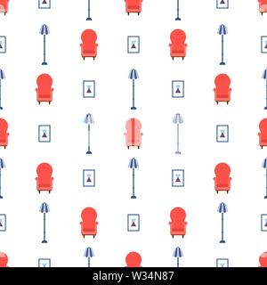 Seamless pattern with vintage cozy red armchair, abstract picture and lamp. Interior of the living room. Vector illustration for design, web, wrapping Stock Vector