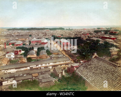 [ 1890s Japan - Tokyo Seen from Atago-yama ] —   View on the Shiodome (汐留) area of Tokyo from Atago-yama, a hill some 26 meters above sea-level. The wooden area in the far background is Hamagoten (浜御殿), now known as Hamarikyu Gardens (浜離宮恩賜庭園, Hama-rikyu Onshi Teien). Beyond that, Tokyo Bay.  19th century vintage albumen photograph. Stock Photo