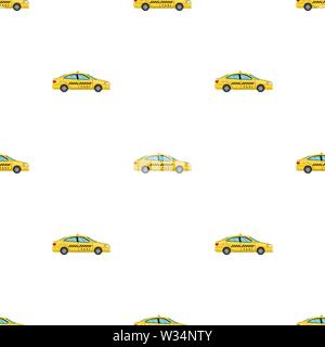 Seamless pattern with car taxi in cartoon style. View from side. Taxi yellow car cab on white background. Vector illustration for design, web, wrappin Stock Vector
