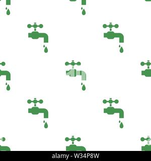 Seamless pattern with water tap with falling drop icon. Green ecological sign. Protect planet. Vector illustration for design, web, wrapping paper, fa Stock Vector