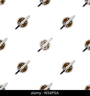 Seamless pattern with cartoon sword and shield on white background. Medieval weapon. Adventure iItems. Vector illustration for design, web, wrapping p Stock Vector