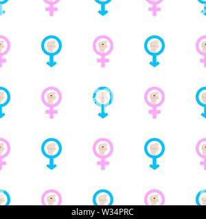 Seamless pattern with male and female, man and woman symbols. Blue and pink colors. Raise fists. Gender equality. Vector illustration for design, web, Stock Vector