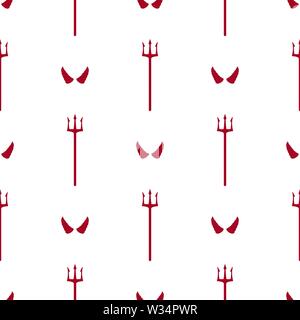 Seamless pattern with red devil tridents and horns on white background. Cartoon style. Vector illustration for design, web, wrapping paper, fabric, wa Stock Vector