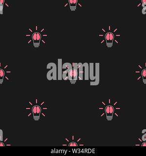 Seamless pattern with brain in lightbulb. Creative idea template. Vector illustration for design, web, wrapping paper, fabric, wallpaper. Stock Vector