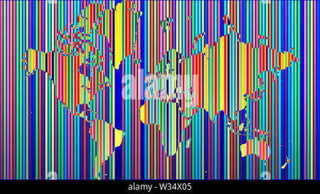 Detailed world map with all countries and subcontinents. Illustration of globe map with geometric shapes pattern imposed. Stock Photo