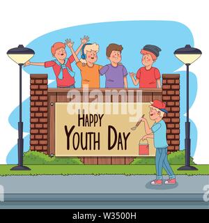 Happy youth day card with teenagers cartoons Stock Vector