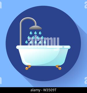 Bathtub with shower flat icon vector. Water treatments, take a bath or relax in the bathtub vector illustration. Stock Vector