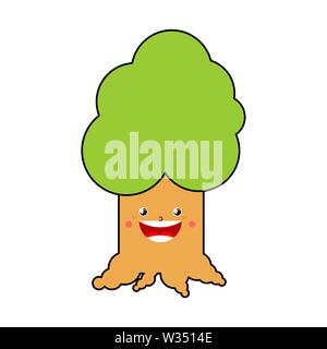 Cute kawaii tree isolated. funny wood cartoon style. kids character. Childrens style. Stock Vector