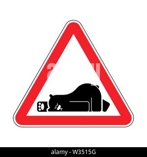 Attention Sleeping bear. Caution Grizzly is sleeping. Red triangle road sign Stock Vector
