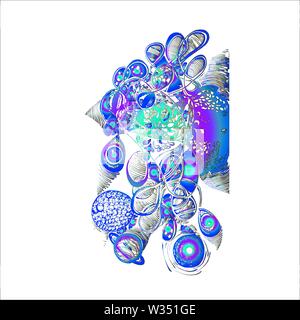 Neon illustration of psychedelic travel, Eyes, planets, patterns, waves. Stock Vector