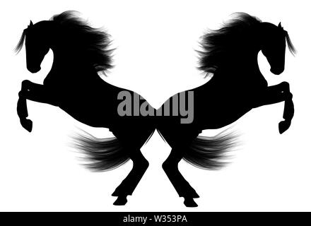 A illustration of two rearing horses back to back in a silhouette on a white background Stock Photo