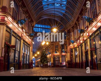 A view of the Christmas tree on a quiet night in Leadenhall Market in London Stock Photo