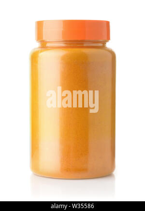 Plastic jar of turmeric isolated on a white Stock Photo