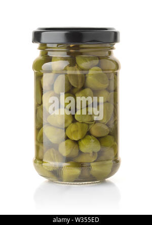 Glass jar of pickled capers isolated on white Stock Photo