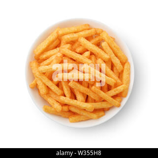 Top view of corn puff sticks in bowl isolated on white Stock Photo