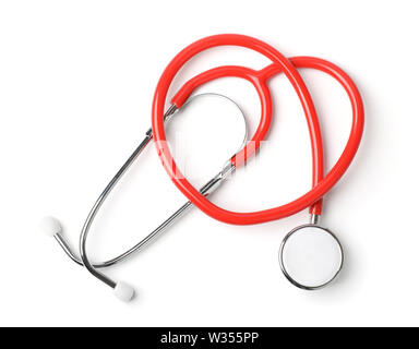 Top view of red medical stethoscope isolated on white Stock Photo