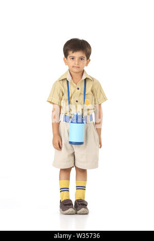 Full length portrait of a small schoolboy with a backpack isolated on ...