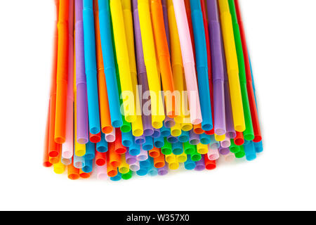 Pile of colorful plastic drinking straws. Close up image. Stock Photo