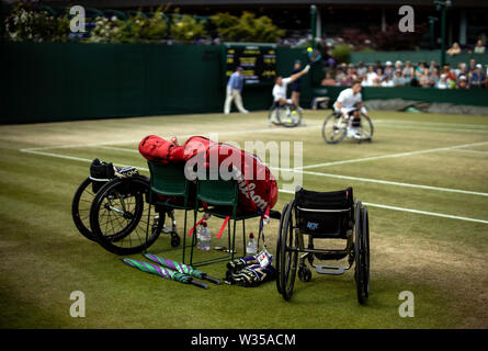 General view of player wheelchairs on day eleven of the Wimbledon Championships at the All England Lawn Tennis and Croquet Club, London. Stock Photo