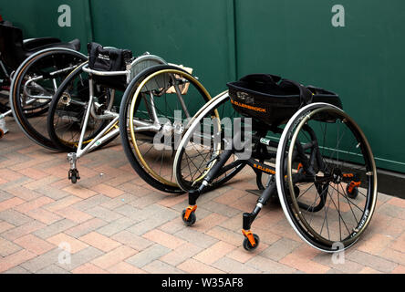General view of player wheelchairs on day eleven of the Wimbledon Championships at the All England Lawn tennis and Croquet Club, London. Stock Photo