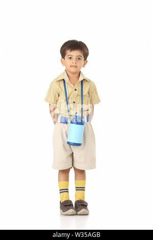 Full length portrait of a small schoolboy with a backpack isolated on ...