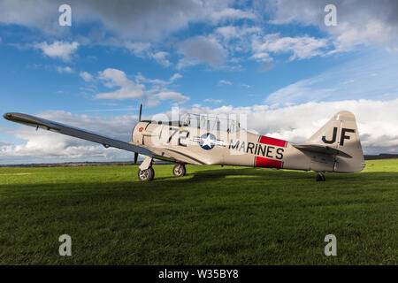 Harvard T6 Warbird, cloudy sky, on a grass airstrip Stock Photo