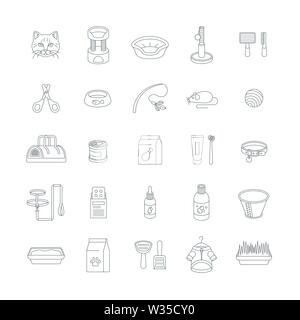 Cat accessories vector flat thin line icons. Pet shop equipment outline illustration. Domestic animal care supplies. Items for feeding, grooming, play Stock Vector