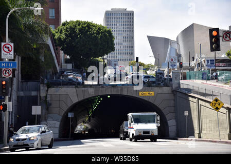 LOS ANGELES, CA/USA - June 6 2018: The Second Street Tunnel in Los Angeles, a popular filming location with the Walt Disney Concert Hall in background Stock Photo