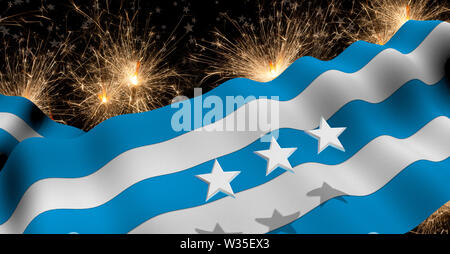 GUAYAQUIL city flag of blue and white color waving on a fireworks with white stars in black background. 3D Illustration Stock Photo