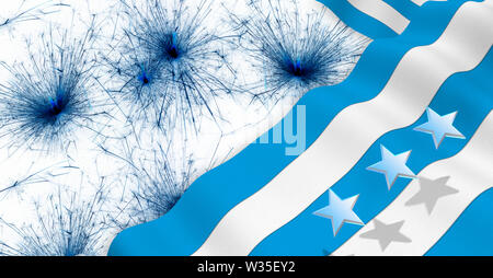 GUAYAQUIL city flag of blue and white color waving on a dark blue fireworks background. 3D Illustration Stock Photo