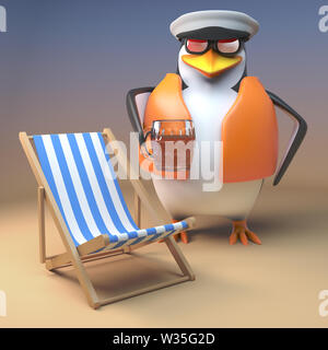 Funny 3d cartoon captain penguin the sailor relaxes at the beach with deck chair and pint of beer, 3d illustration render Stock Photo