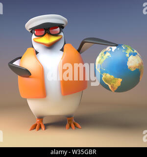 Cartoon 3d penguin captain sailor navigates with his globe of the world, 3d illustration render Stock Photo