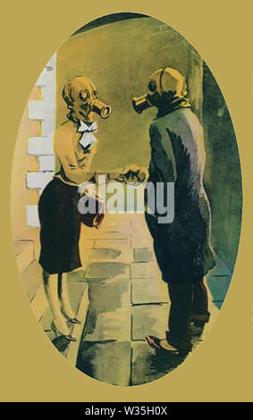 WWII - A French cartoon mocking the wearing of gas masks and imagining how a man would greet a woman in the street Stock Photo