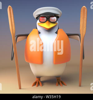 Cartoon captain penguin the salty sailor with two oars, 3d illustration render Stock Photo