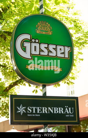 Label of beer brewery 'Gösser' on a typical beer garden Stock Photo