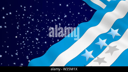 GUAYAQUIL city flag of blue and white color waving on a dark blue background with white stars. 3D Illustration Stock Photo