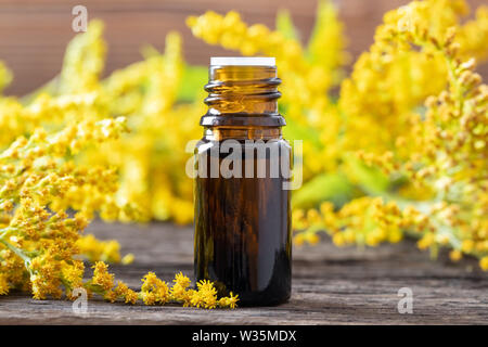 A bottle of Canadian goldenrod essential oil with fresh Solidago canadensis flowers on a table Stock Photo
