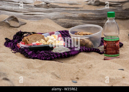 Food in the campaign on the sand with a log. Picnic food set. Bananas, bread, chicken, juice, lies a knife. Bread and banana are cut into pieces. Stock Photo