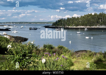 View of Five Islands Harbor with moored boats in Georgetown, Maine. Stock Photo