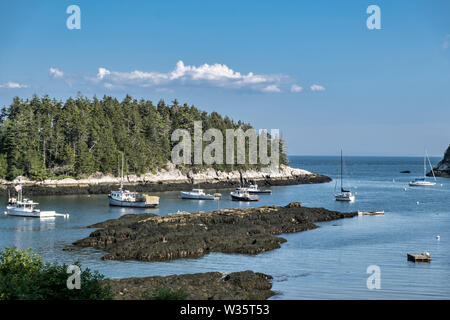 View of Five Islands Harbor with moored boats in Georgetown, Maine. Stock Photo