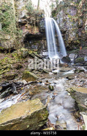 Melincourt Water Fall in full February flow, portrait, wide angle. Stock Photo