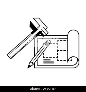 carpentry and constrution tools cartoon in black and white Stock Vector